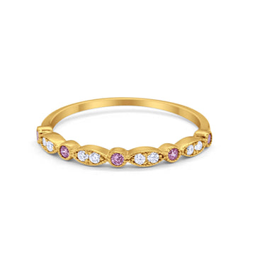 Half Eternity Wedding Band Round Yellow Tone, Simulated Pink CZ 925 Sterling Silver